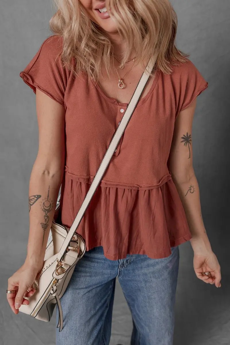 Chestnut Short Sleeve U Neck Buttons Splicing Ruffle Blouse - Love Salve